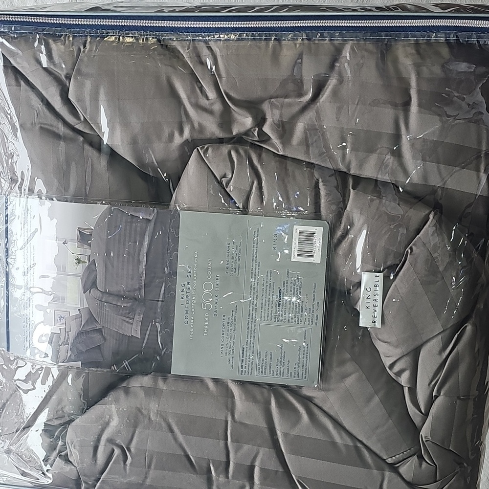 RARE Wamsutta REVERSIBLE PIMA COTTON Damask Stripe KING Comforter Set GRAY - Picture 5 of 12